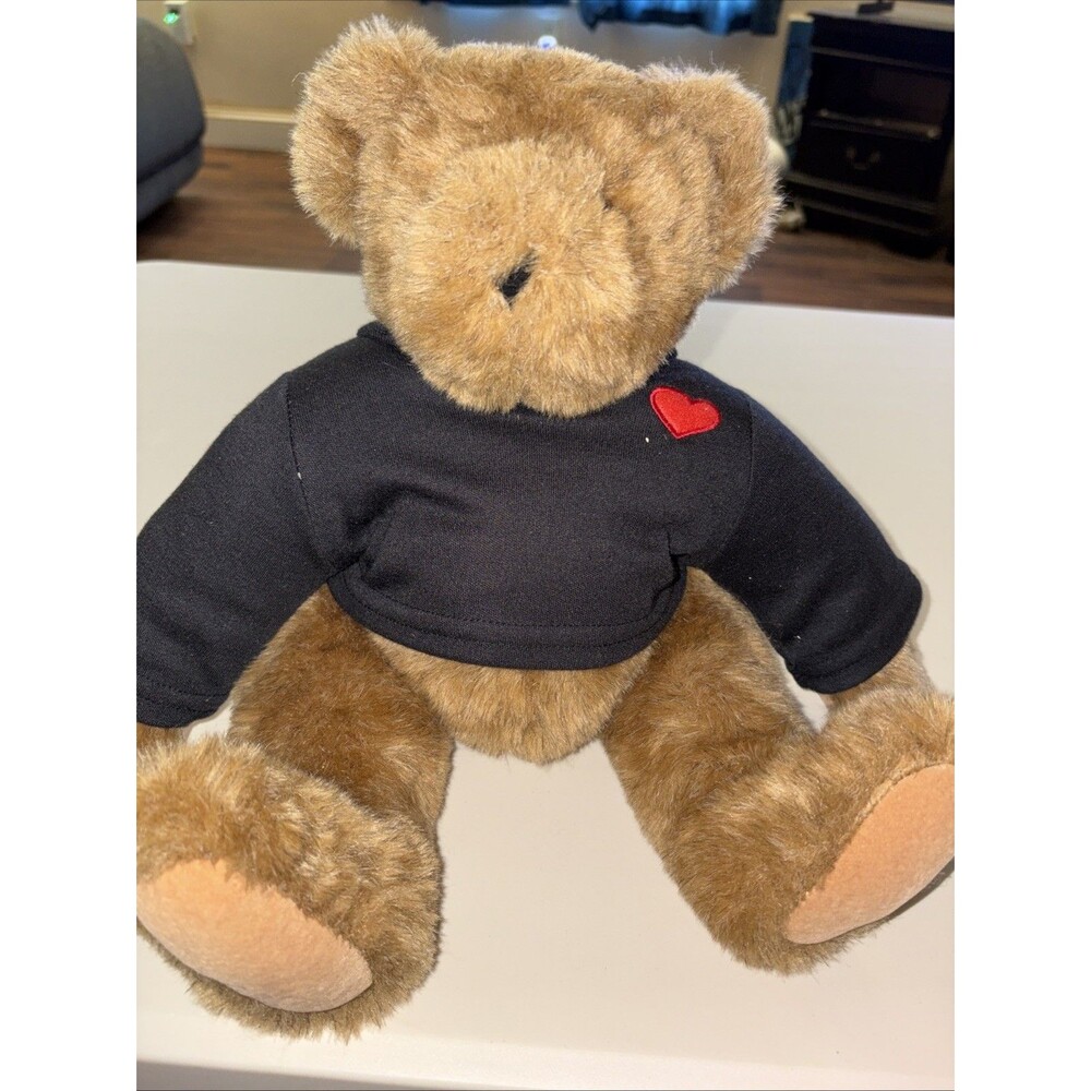 VERMONT TEDDY BEAR CO 16"  Jointed Medium Brown Bear Plush black heart pullover